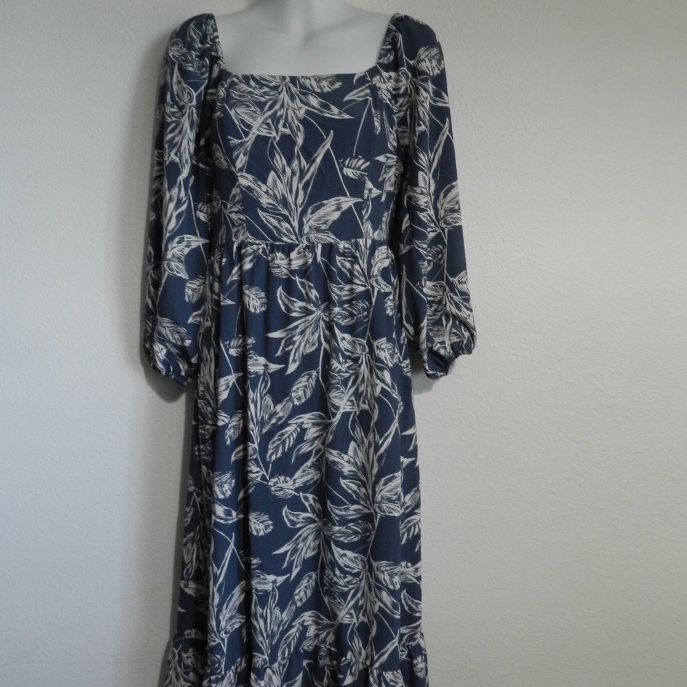 Collective Concepts tie back, long sleeve, ruffle hem dress, smoky blue & cream